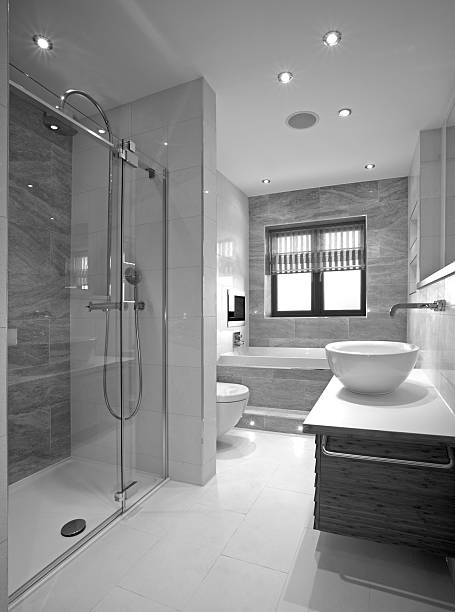 Luxury interior design of a bathroom with marble walls