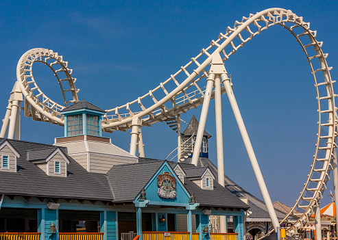 Shown off-season Sea Serpent steel roller coaster at at Morey's Piers amusement park in Wildwood, New Jersey, includes a this dramatic upside-down loop.