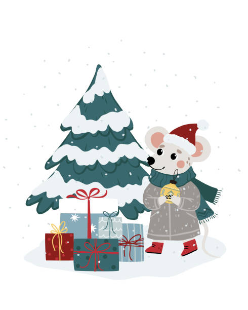 wektorowa ilustracja świąteczna z uroczą myszką, choinką i prezentami. może być używany do drukowania na tkaninie, papierze, kartach, plakatach i nie tylko. - silent night illustrations stock illustrations