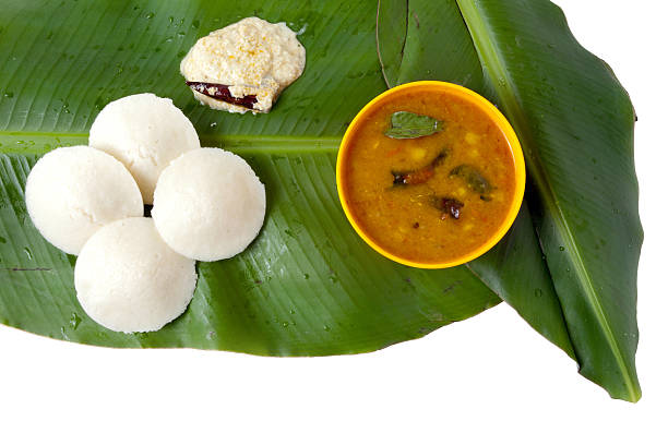 Idli Sambhar and Chutney South Indian Dish on Banana Leaf