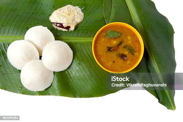 Idli Sambhar And Chutney South Indian Dish On Banana Leaf Stock Photo - Download Image Now