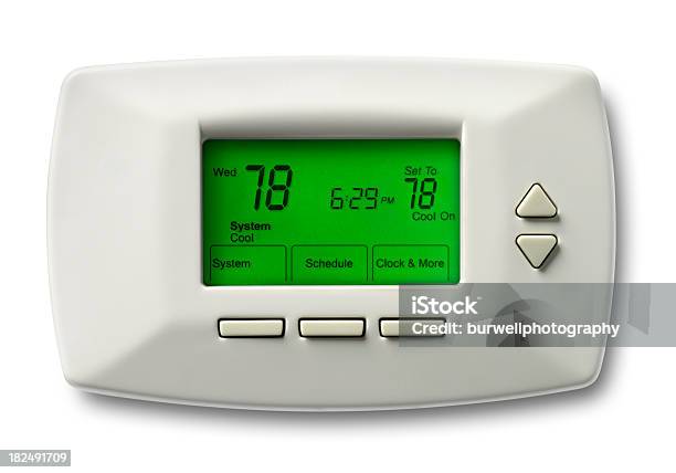 에어컨 꺼짐시간 온도 조절 장치 78 도 난방 온도 조절 장치에 대한 스톡 사진 및 기타 이미지 - 난방 온도 조절 장치, 흰색 배경, 산업