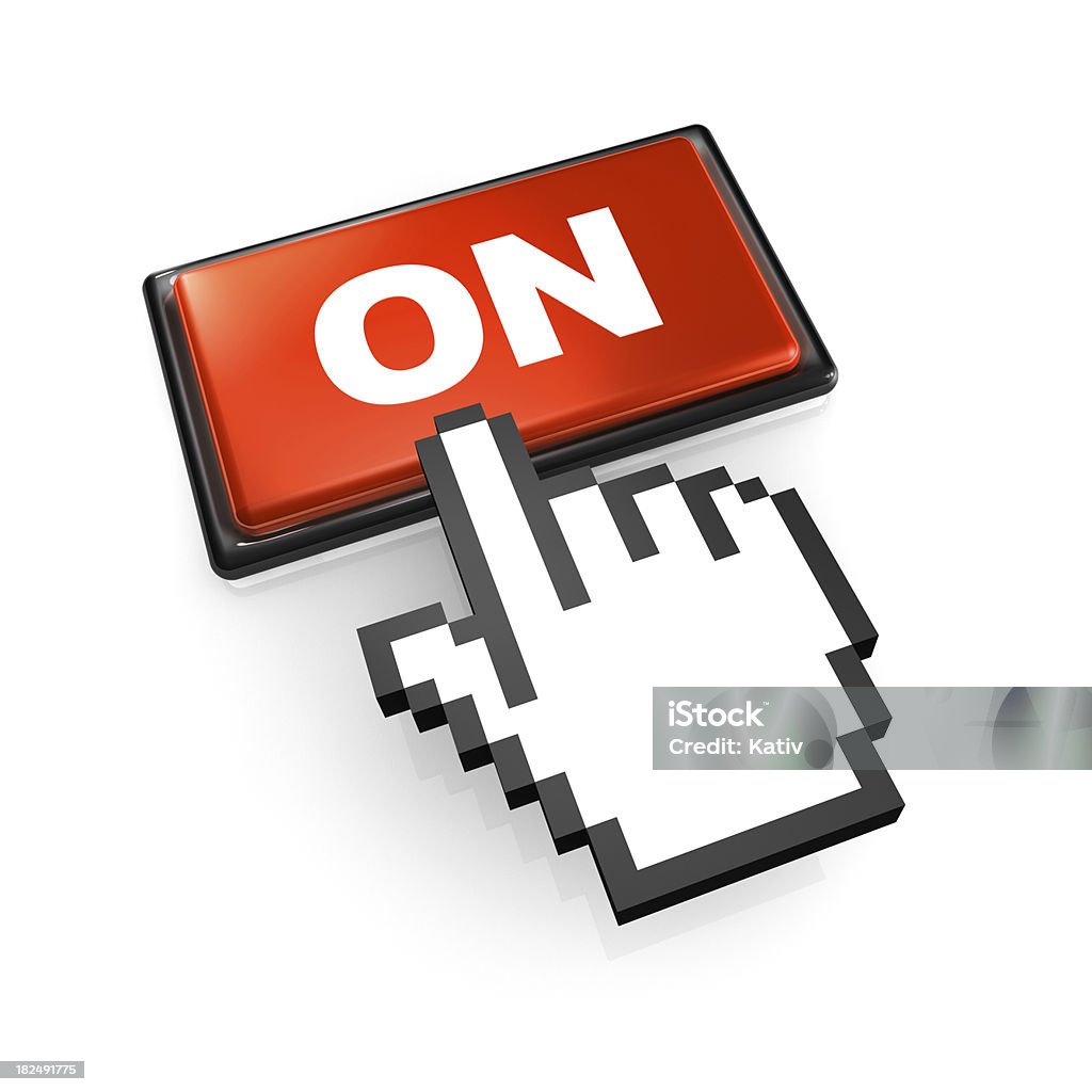 ON Button Click Web browser hand clicking on ON button. Computer Equipment Stock Photo