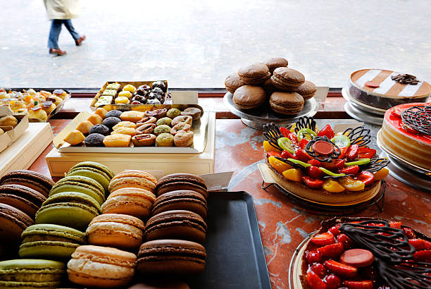 pastry in a bakery window display stock photo