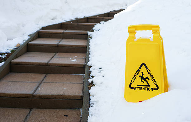 Slippery path in winter with caution sign Slippery path in winter with caution sign caution step stock pictures, royalty-free photos & images