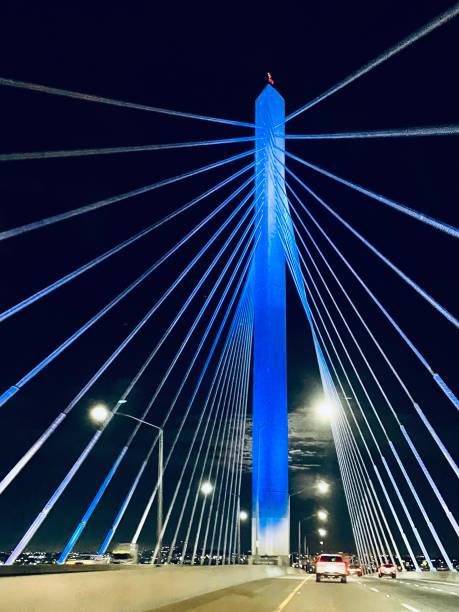 istock Bridge Tower and Suspension  Cables Lit Up Blue at Night 1824924754