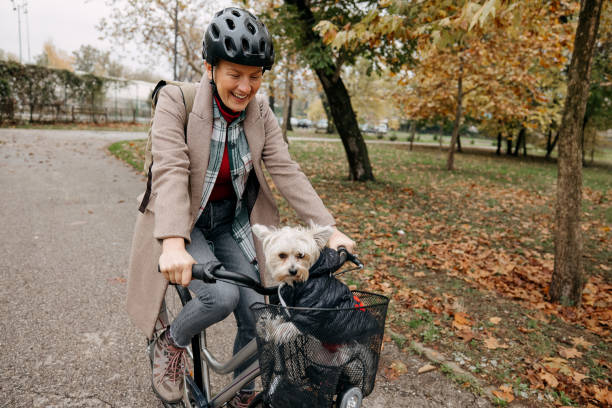 istock Woman rides her dog on a bicycle 1824936798