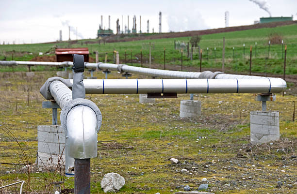 istock Pipes and pasture at oil refinery 182494209