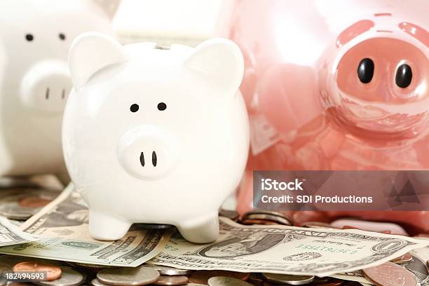 Piggy Banks Laying On Piles Of Cash Stock Photo - Download Image Now - 401k - Single Word, American One Hundred Dollar Bill, American Twenty Dollar Bill