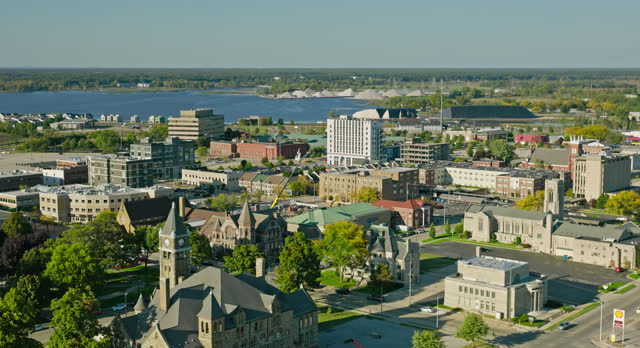 Establishing Aerial of Downtown Muskegon, Michigan with Muskegon Lake in the Background