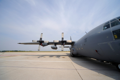 usaf c-130 hercules on the air field. 12mm wide angle lens used