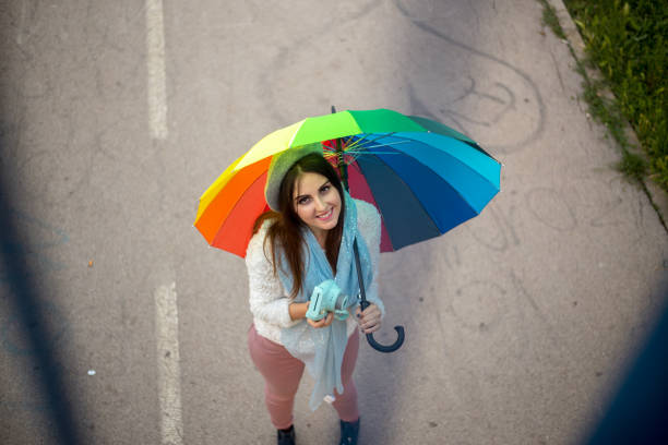 Beautiful girl in the rain with umbrella