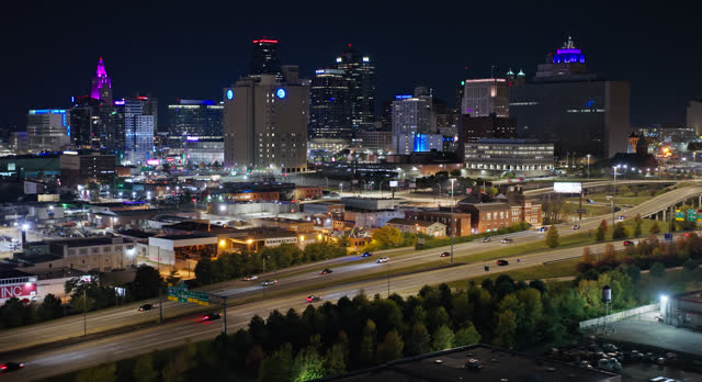 Leftward Flying Aerial of Downtown Kansas City, Missouri on a Clear Night in Fall