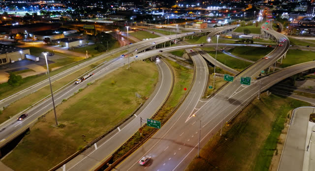 High Angle Drone Shot of Freeway Interchange in Kansas City, Missouri at Night
