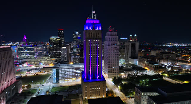 Drone Flight Past City Hall Revealing Power and Light District in Kansas City, Missouri at Night