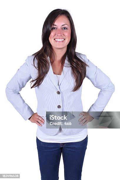 Isolated Casual Female Hands On Hips Stock Photo - Download Image Now - 20-29 Years, Adult, Adults Only