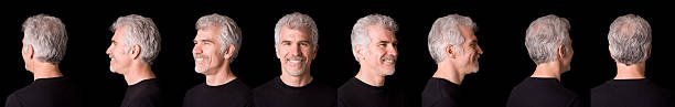 Head Rotation "A series of images showing an adult male from eight different angles with the same smiling expression in each.  This makes a nice photo reference for painters, illustrators and 3d artists." same person multiple images stock pictures, royalty-free photos & images