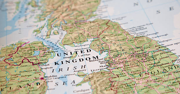 Picture of a map focused on the words United Kingdom stock photo