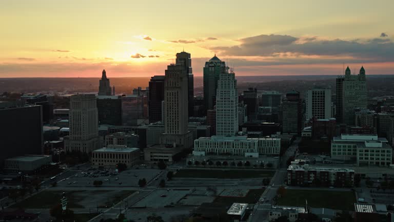 Leftward Aerial Shot of Kansas City, Missouri at Sunset