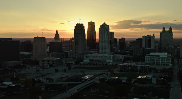 Forward Establishing Aerial of Kansas City, Missouri at Sunset