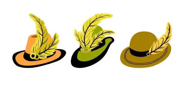 Vector illustration of Set of hats with feathers