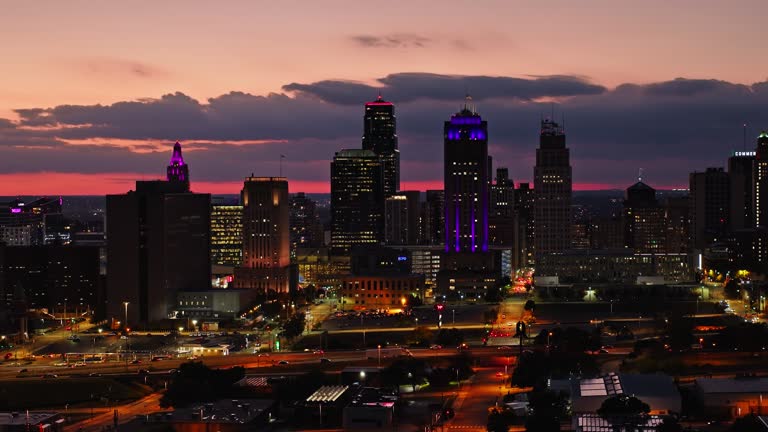 Static Establishing Aerial of Downtown Kansas City, Missouri at Dusk