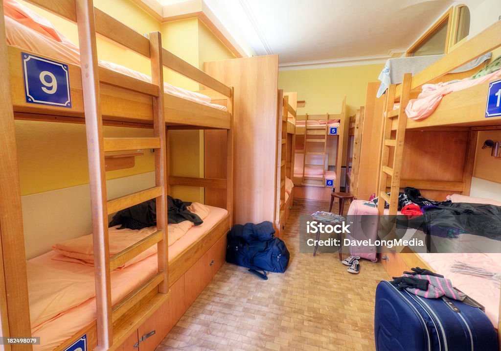 Youth Hostel Dorm Room Bunk beds in a youth hostel dorm room. Hostel Stock Photo