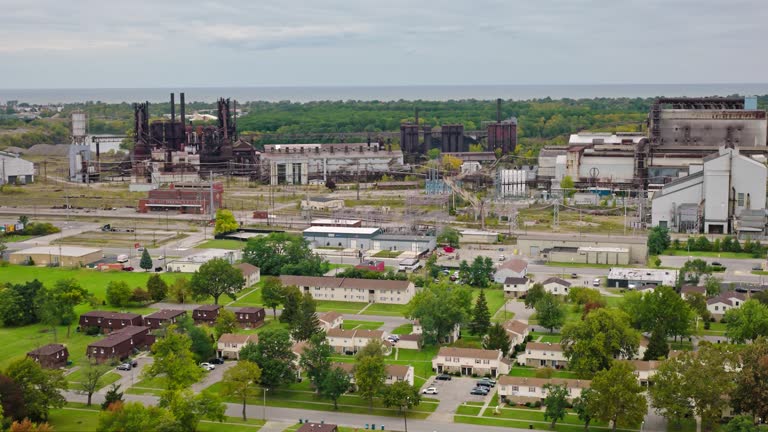 Retreating Aerial Shot of Lorain, Ohio on Overcast Day