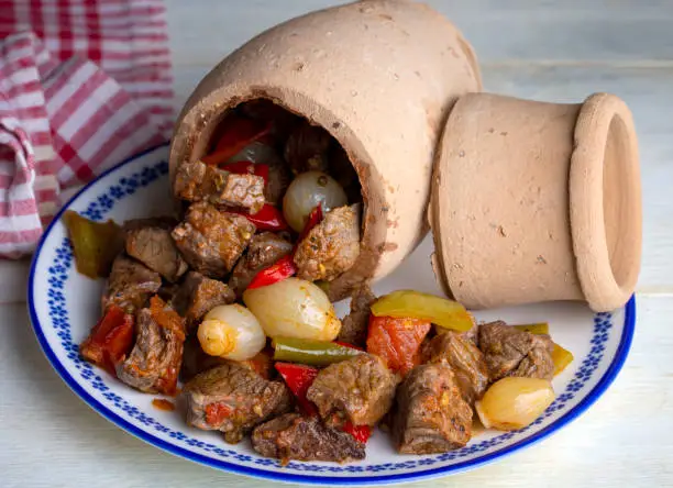 Authentic Turkish Testi Kebab cooked in earthenware waterjug, Turkish name; Testi kebabi