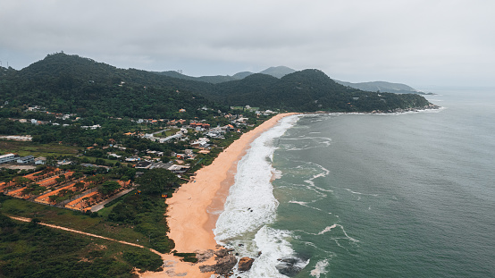 Aerial photo of Estaleirinho beach, Balneário Camboriú, on the coast of Santa Catarina, southern Brazil. Resort, park