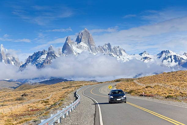 Argentina Patagonia black car and Mount Fitz Roy  mt fitzroy photos stock pictures, royalty-free photos & images