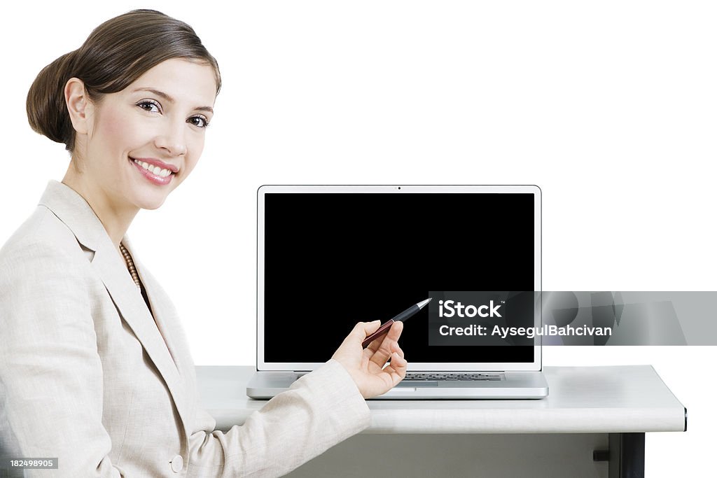 Piękny biznes kobieta z laptopa - Zbiór zdjęć royalty-free (Białe tło)