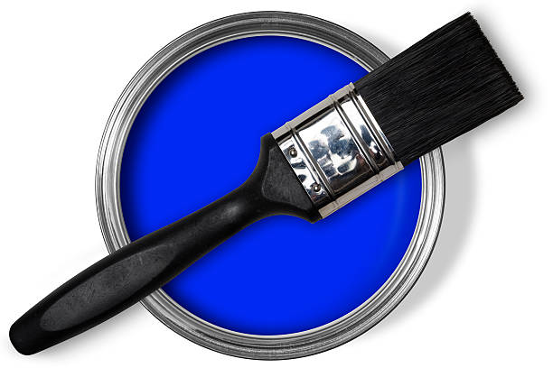 istock Open tin of blue paint with paint brush on top 182499437