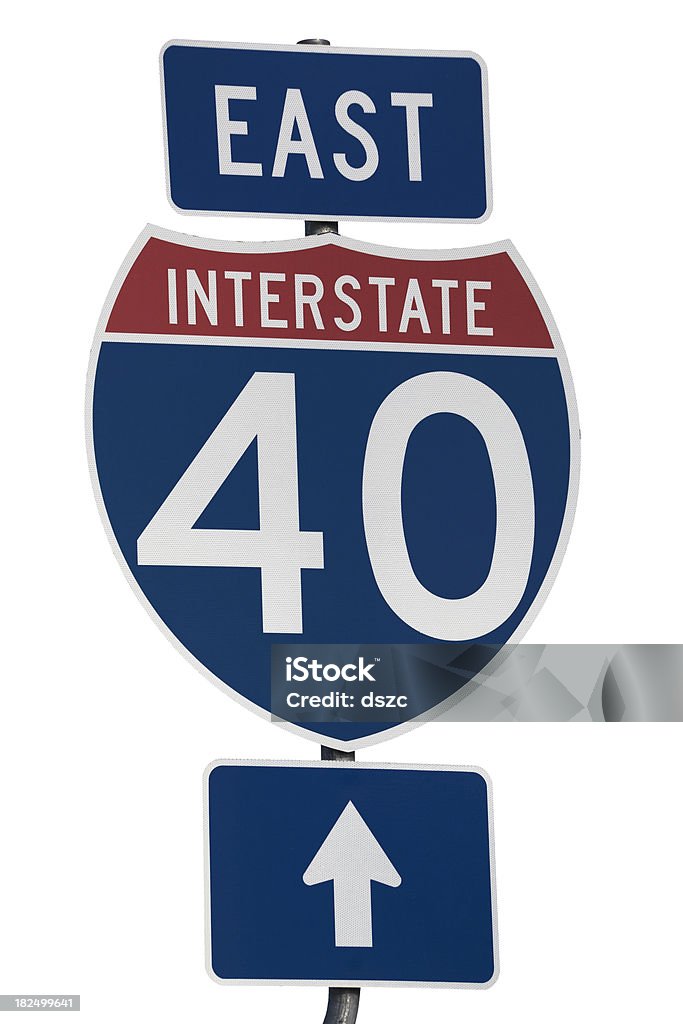 interstate 40 east highway road sign interstate 40 east highway road sign on white background.Check out our other signs! Cut Out Stock Photo