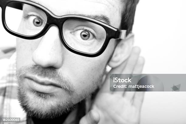 Man With Glasses Stock Photo - Download Image Now - Listening, Black And White, Ear