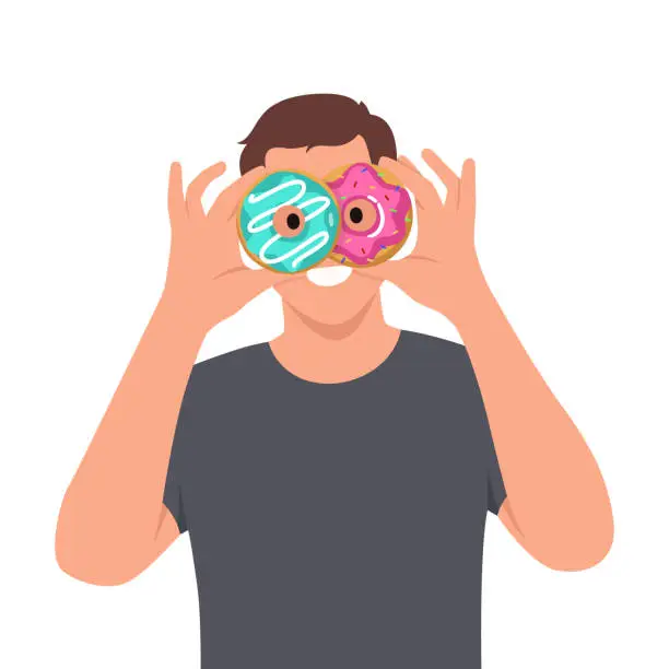 Vector illustration of Man posing holding in hands covering eyes with pink donuts like glasses looking camera