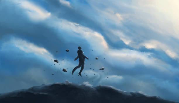 istock Man silhouette jumping, bounce from mountain with stone and sky. Digital hand painted background 1825002923