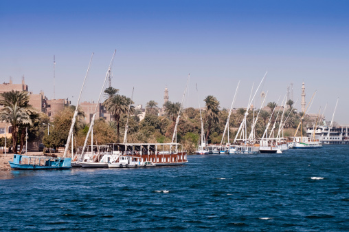 Arabic Feluccas and Dahabia boats line the NIle at Esna