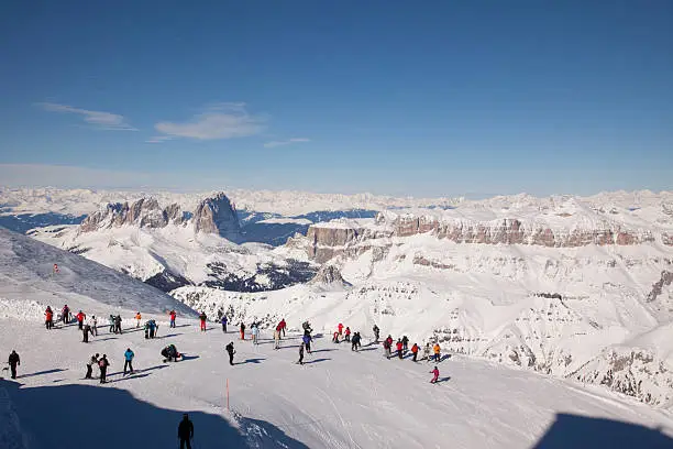 "Skiers ready to ski down from  the Marmolada Glacier, Dolomites"