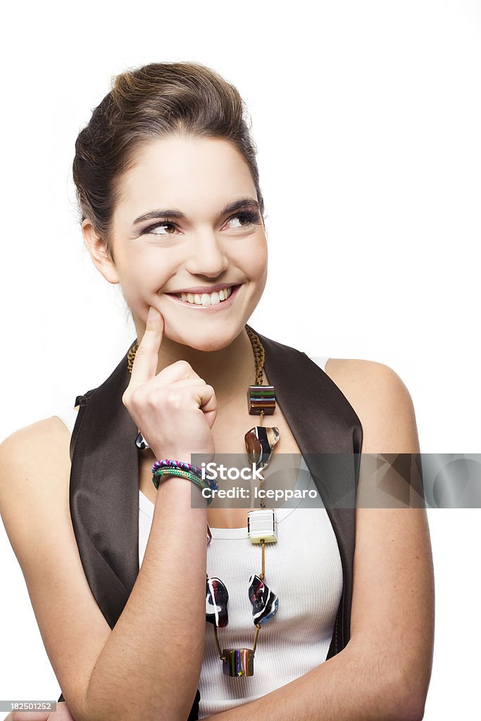 Emozioni: Pensieri positivo giovane donna adulta isolato su bianco - Foto stock royalty-free di Abbigliamento casual