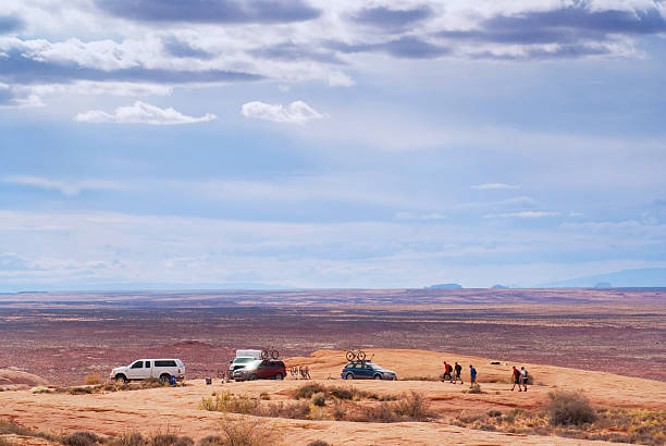 landscape desert hikers car camping stock photo