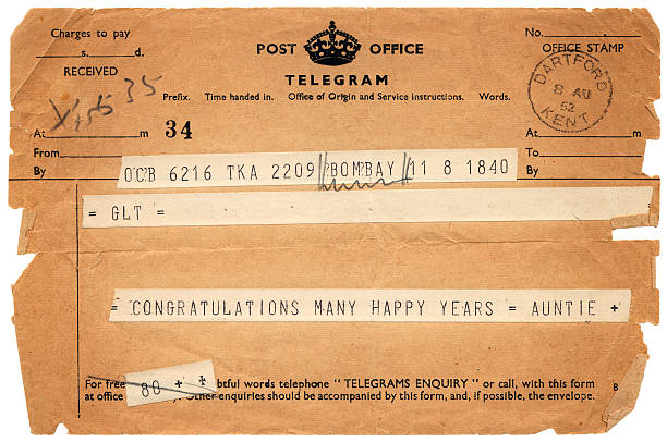 British congratulations telegram from 'Auntie' dated 1952 "An old British congratulations telegram originating in India and sent to Dartford, Kent in 1952. All signatures and identifying details removed." 1952 stock pictures, royalty-free photos & images