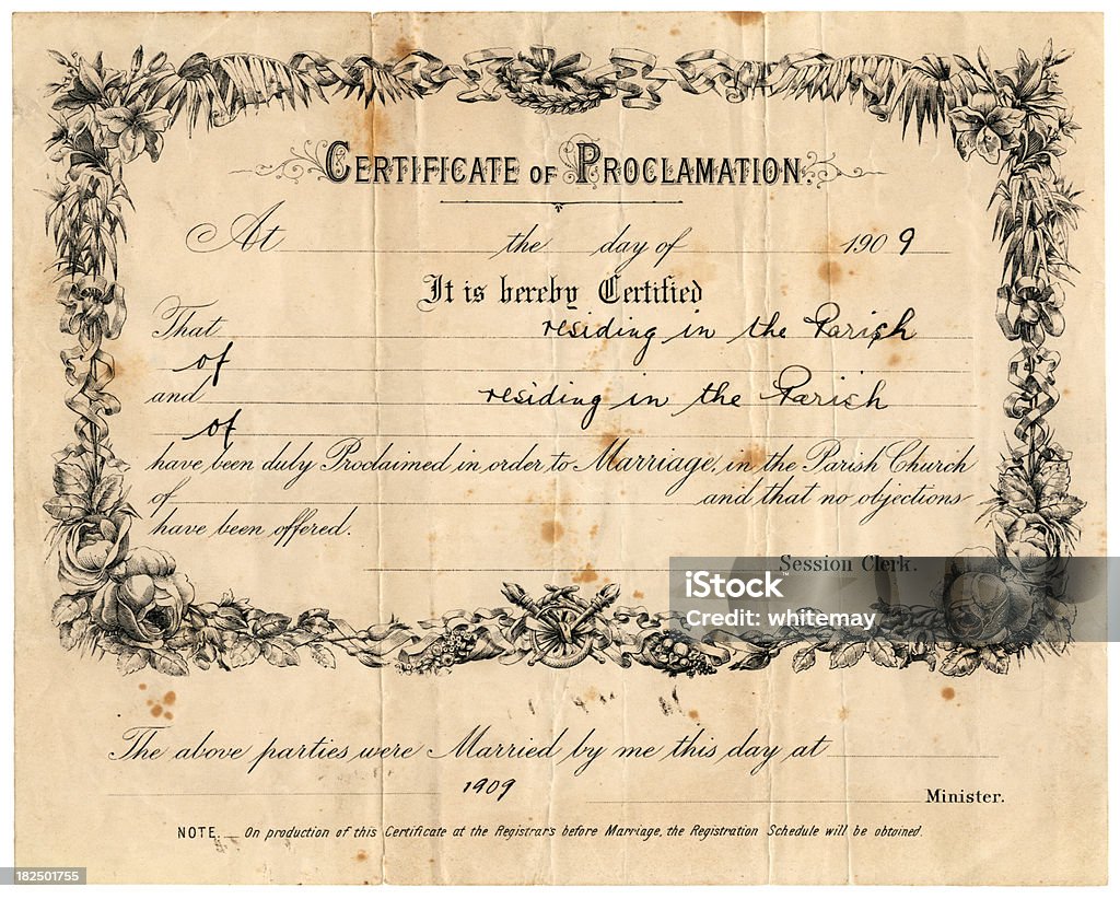 Schottische Zertifikat der Proklamierung und Heirat, 1909 - Lizenzfrei Urkunden Stock-Foto
