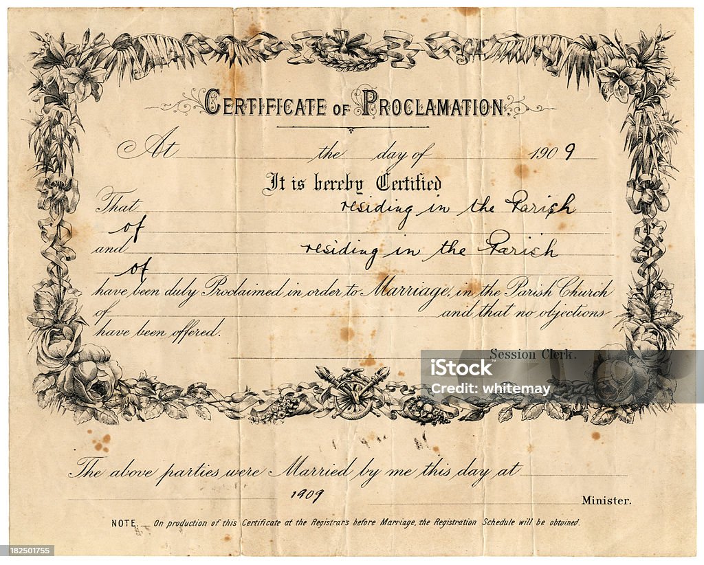 Scottish certificat de mariage datant de 1909, et annonce - Photo de Certificat libre de droits