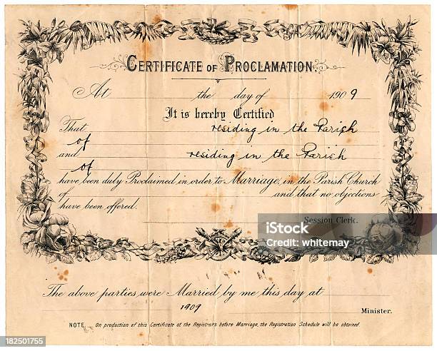 Photo libre de droit de Scottish Certificat De Mariage Datant De 1909 Et Annonce banque d'images et plus d'images libres de droit de Certificat