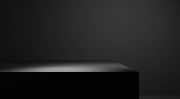 istock Black table background with spotlight and black wall, black empty dark minimal blank space, black abstract background podium stage geometrical form and plaster dark wall gradient, black stage podium 1825020074