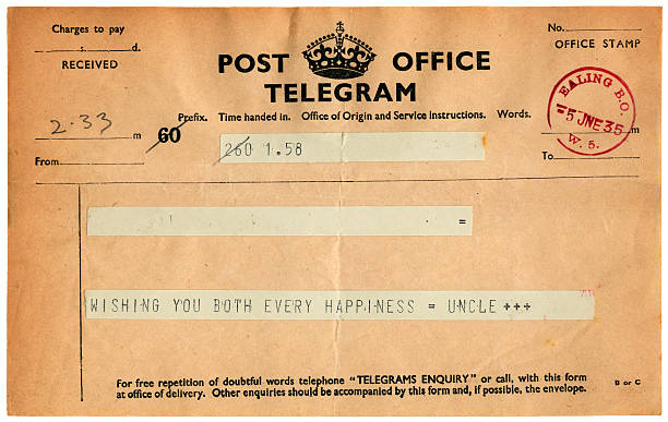 Good wishes telegram from 1935 "An old British wedding congratulations telegram sent to Ealing, London, in 1935. All signatures and identifying details removed." eanling stock pictures, royalty-free photos & images