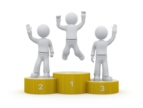 Win concept. Three 3D persons on a pedestal. Isolated on white background with soft shadows. XXXL 3D rendered image.