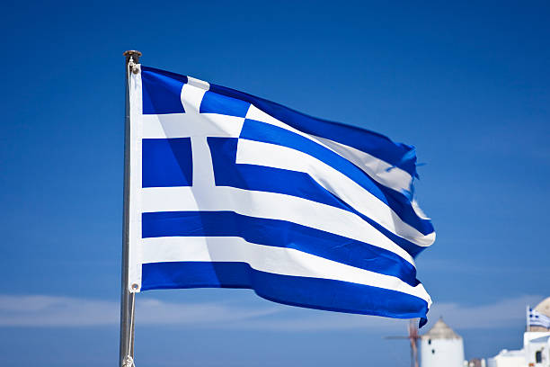 istock Greek flag on Santorini 182502895