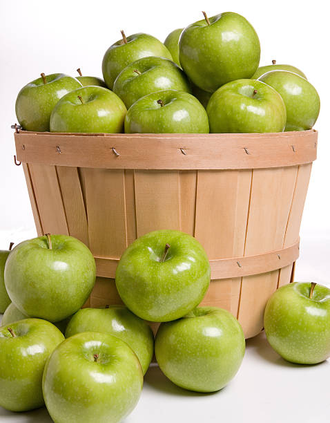 Green apples in a wood basket